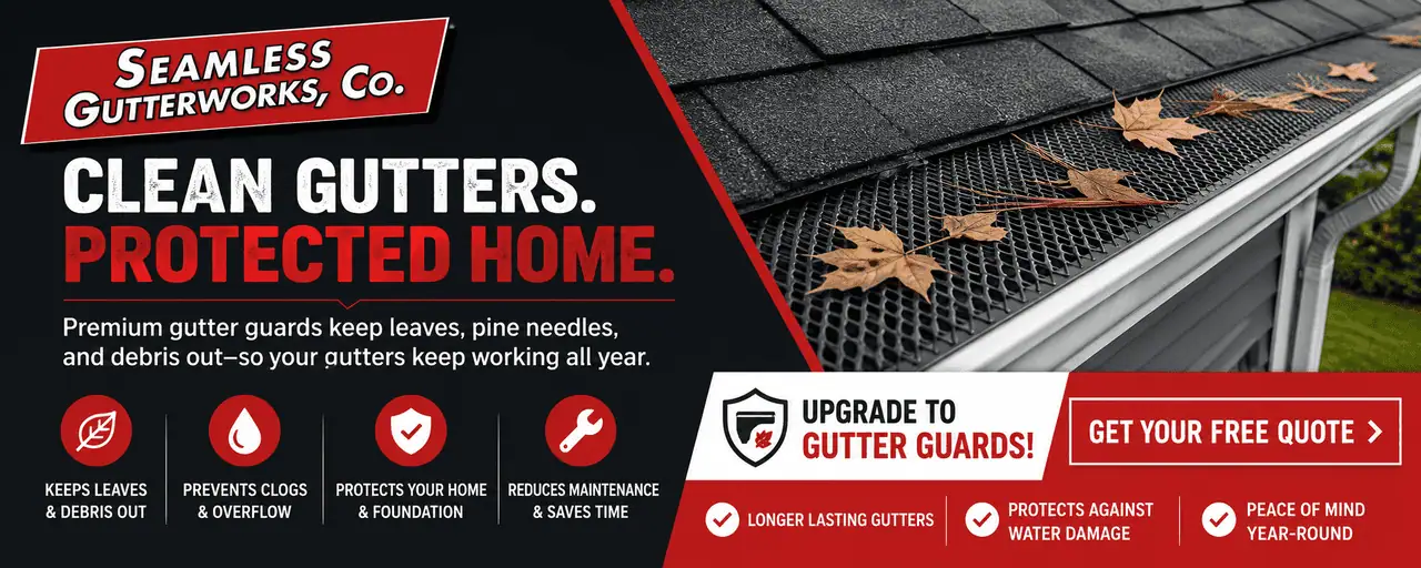 Promotional banner showing gutter guards protecting residential gutters from leaves and debris with a free quote call to action
