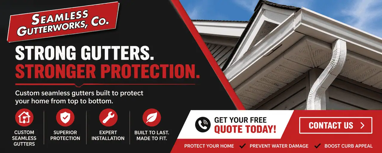 Promotional banner showcasing custom seamless gutters installed on a residential home with a free estimate call to action