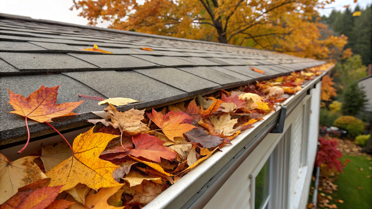 fall leaves blocked by gutter guards 2